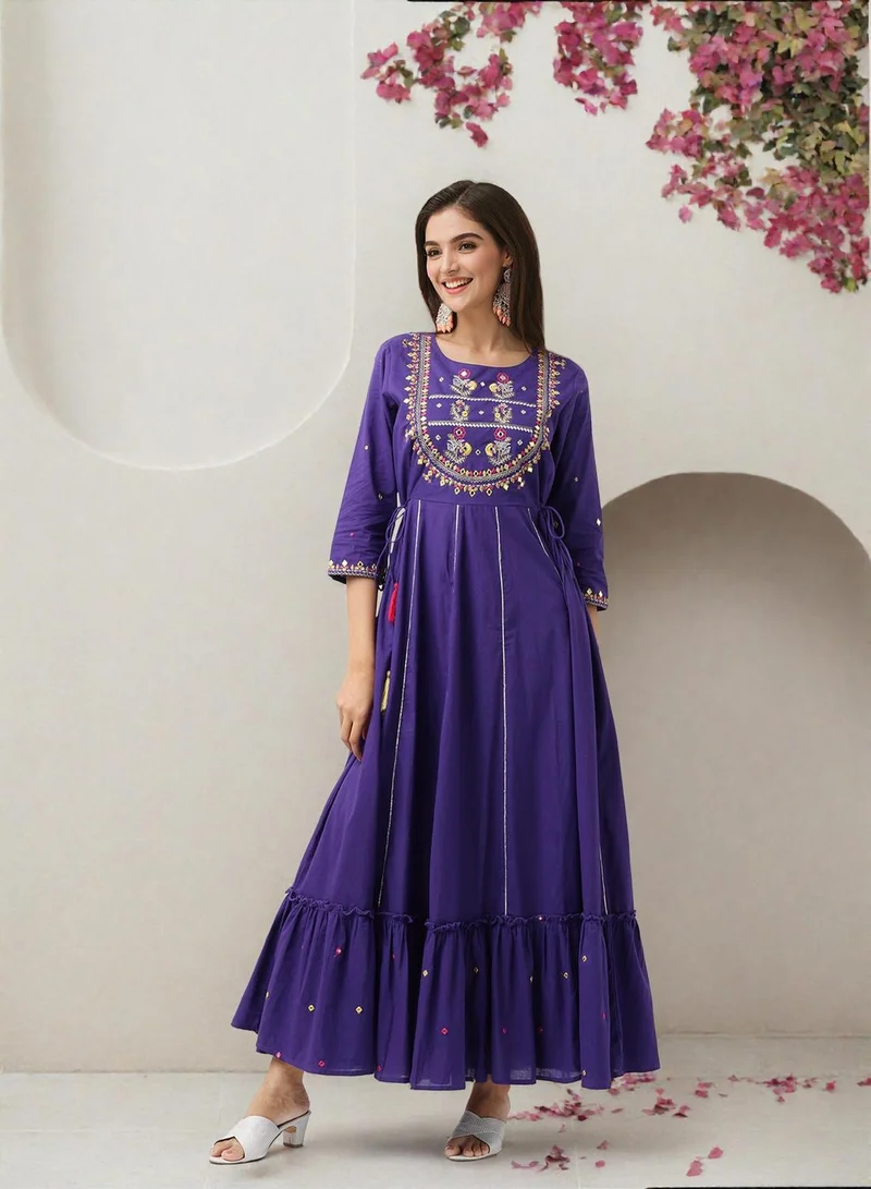 ISHIN  Women'S Purple 100% Cotton Embellished Regular Fit Dress for Women | Best Price UAE